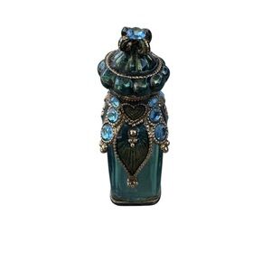 Vintage Ornate Mini Perfume Bottle with Blue Glass & Rhinestone Filigree